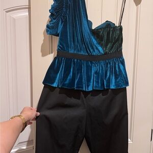 Self-Portrait Teal and Black Velvet Jumpsuit